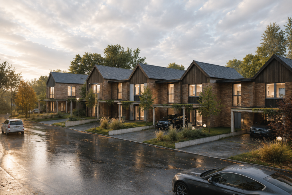 Projet résidentiel de maisons contemporaines conçu par Loyd Architects à Calonne, associant architecture durable, briques chaleureuses, aménagements paysagers et qualité de vie au cœur d’un quartier familial.