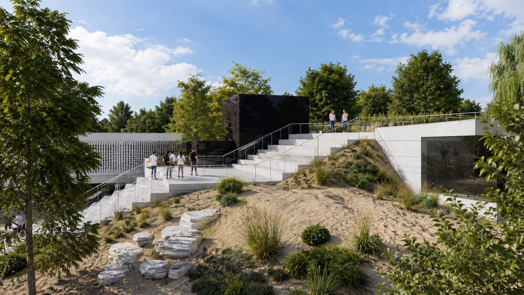 Campus universitaire contemporain imaginé par Loyd Architects, intégrant gradins minéraux, espaces publics paysagers et architecture minimaliste dans un environnement naturel pensé comme un lieu de rencontre et d’apprentissage ouvert sur le paysage.