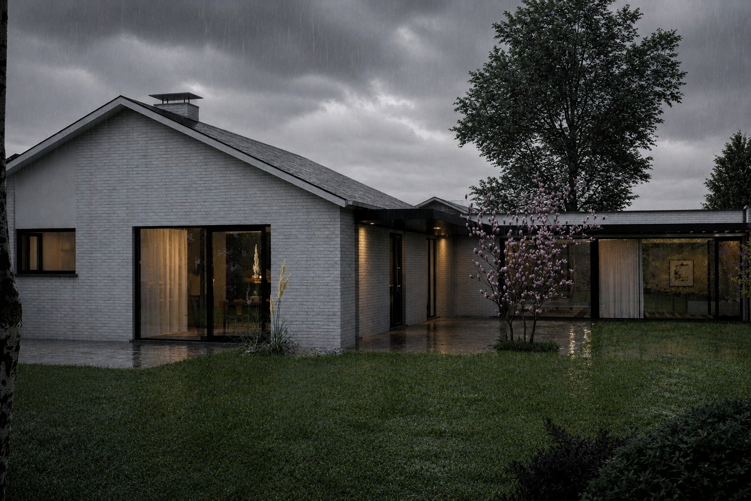Rénovation contemporaine dans le Hainaut avec extension minimaliste en briques claires, grandes baies vitrées et architecture résidentielle écoénergétique sous une ambiance pluvieuse photoréaliste – projet signé Loyd Architects