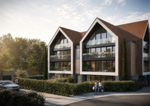Projet immobilier résidentiel contemporain conçu par Loyd Architects, composé d’immeubles à appartements en briques rouge-brun avec terrasses généreuses, larges baies vitrées et espaces verts partagés comprenant un potager, des serres et un étang paysager favorisant la biodiversité et la qualité de vie des habitants.