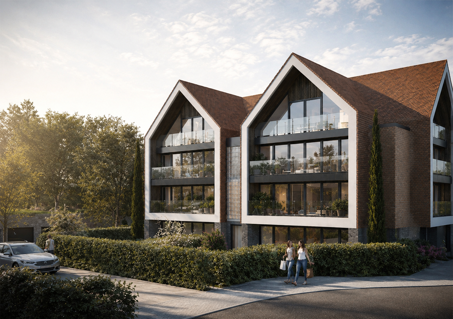 Projet immobilier résidentiel contemporain conçu par Loyd Architects, composé d’immeubles à appartements en briques rouge-brun avec terrasses généreuses, larges baies vitrées et espaces verts partagés comprenant un potager, des serres et un étang paysager favorisant la biodiversité et la qualité de vie des habitants.