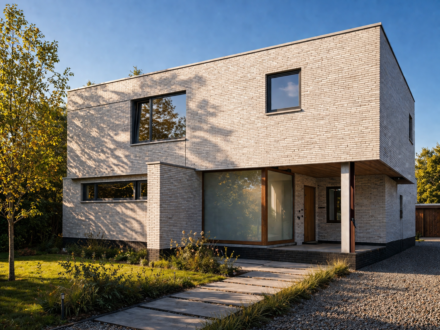 Rénovation et extension contemporaine d’une habitation à Hove, dans la périphérie d’Anvers, avec façade en briques claires, architecture minimaliste, isolation performante et grandes ouvertures vitrées – projet résidentiel signé Loyd Architects