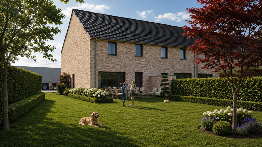 Jardin résidentiel contemporain conçu par Loyd Architects, mettant en valeur des maisons en brique claire avec vaste pelouse, haies paysagères retravaillées, espaces de détente familiaux et ambiance chaleureuse intégrée à un environnement verdoyant et durable.