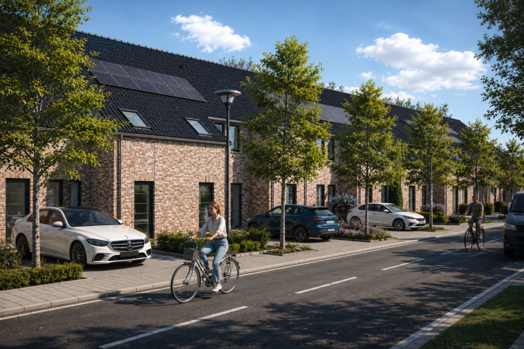 Projet résidentiel en cours de développement à Orcq, imaginé par Loyd Architects, associant architecture contemporaine, mobilité douce, espaces verts et habitat durable.