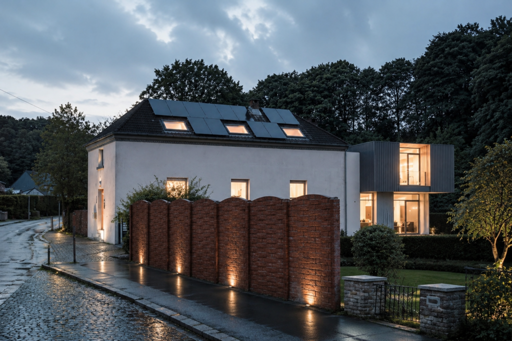 Extension contemporaine d'une maison unifamiliale en Belgique, associant une rénovation énergétique à une architecture moderne. Les volumes en bardage sombre contrastent avec l'habitation existante, tandis que les larges baies vitrées, les panneaux photovoltaïques et les éclairages en fin de journée mettent en valeur l'intégration harmonieuse du projet dans son environnement résidentiel.