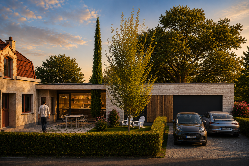 Rénovation et extension contemporaine d’une maison unifamiliale réalisée par Loyd Architects, associant une bâtisse traditionnelle à toiture en tuiles rouges et une extension moderne en briques claires. Vue extérieure en fin d’après-midi avec lumière dorée, jardin paysager, terrasse conviviale, garage intégré et grandes baies vitrées ouvertes sur les espaces de vie. L’ensemble s’intègre harmonieusement dans un environnement arboré du Hainaut.