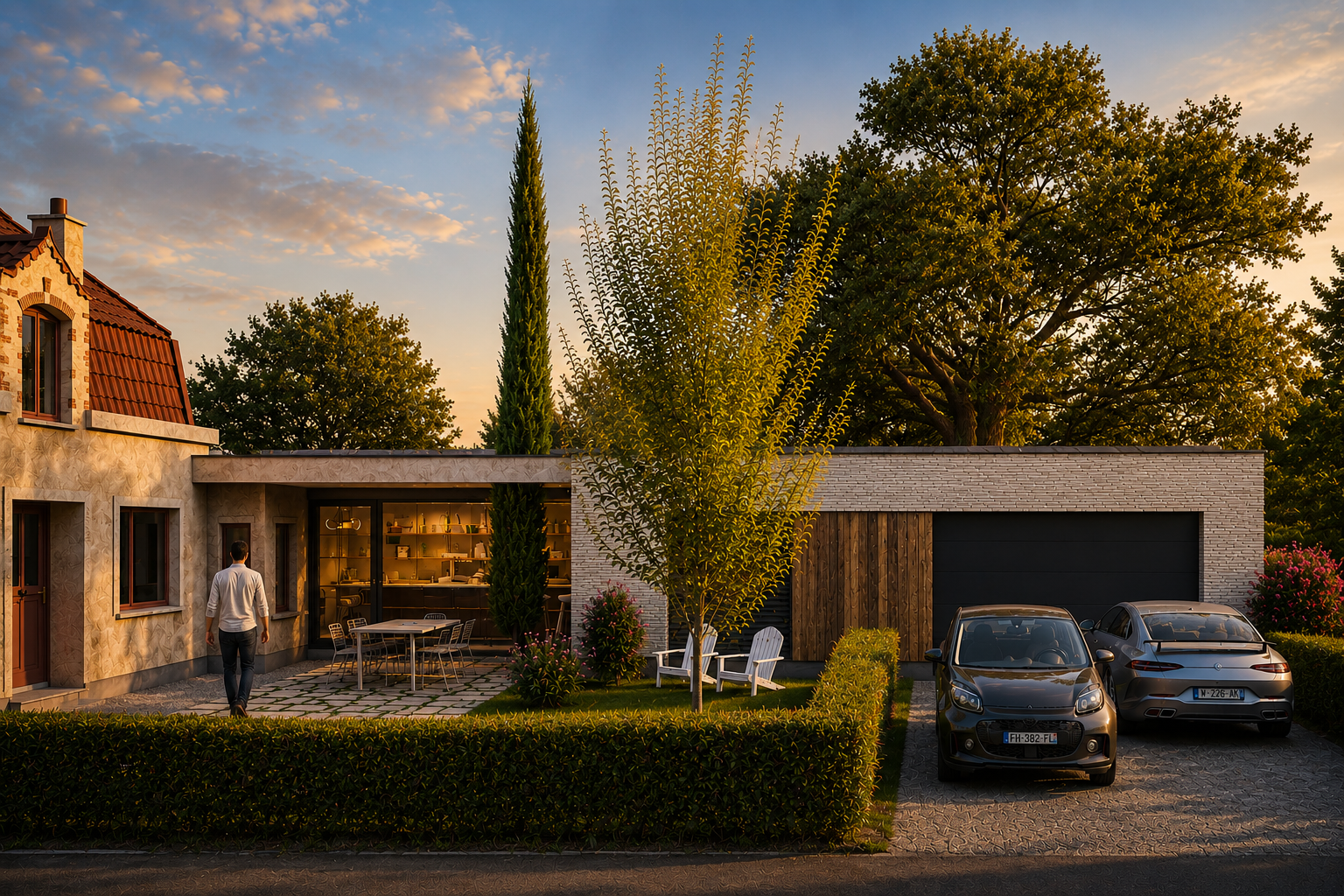 Rénovation et extension contemporaine d’une maison unifamiliale réalisée par Loyd Architects, associant une bâtisse traditionnelle à toiture en tuiles rouges et une extension moderne en briques claires. Vue extérieure en fin d’après-midi avec lumière dorée, jardin paysager, terrasse conviviale, garage intégré et grandes baies vitrées ouvertes sur les espaces de vie. L’ensemble s’intègre harmonieusement dans un environnement arboré du Hainaut.