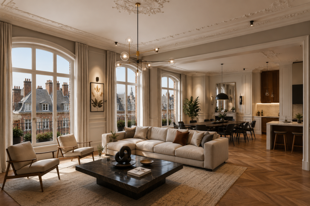Séjour contemporain lumineux dans une rénovation de prestige signée Loyd Architects, avec parquet en chevrons, moulures restaurées et grandes fenêtres donnant sur un paysage urbain historique.