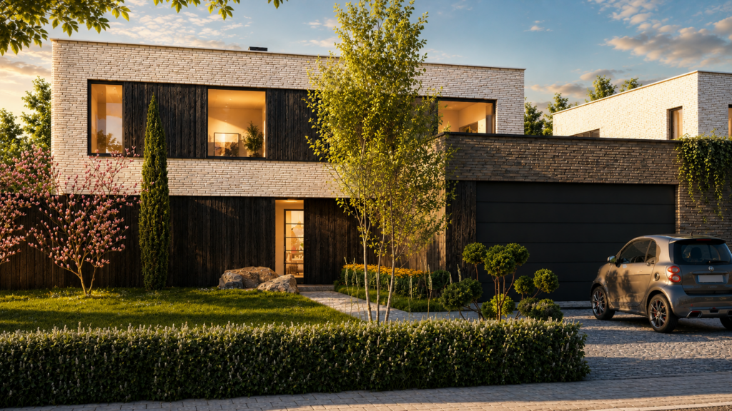 Villa contemporaine à Péruwelz conçue par Loyd Architects, avec façades en briques claires texturées, bardage bois sombre, larges baies vitrées et jardin paysager. Cette architecture résidentielle contemporaine privilégie la lumière naturelle, la performance énergétique et une intégration harmonieuse dans son environnement urbain.